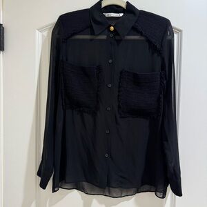 Zara Black Sheer Button-Up Top